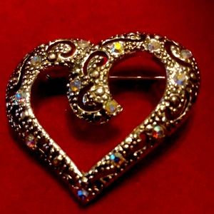 VTG AAi silver tone heart with marcasite and aurora borealis rhinestones